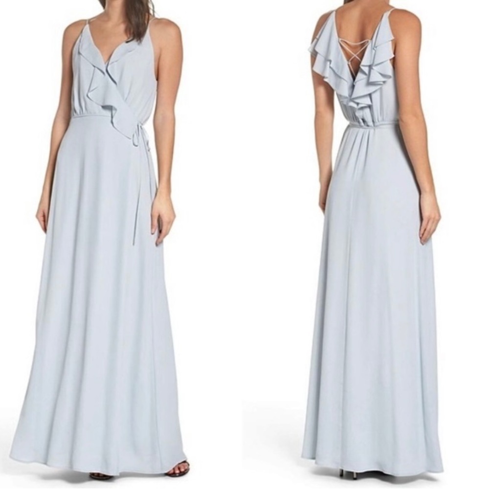 WAYF Jamie Ruffled Wrap Gown Maxi Dress in Sky Blue Medium